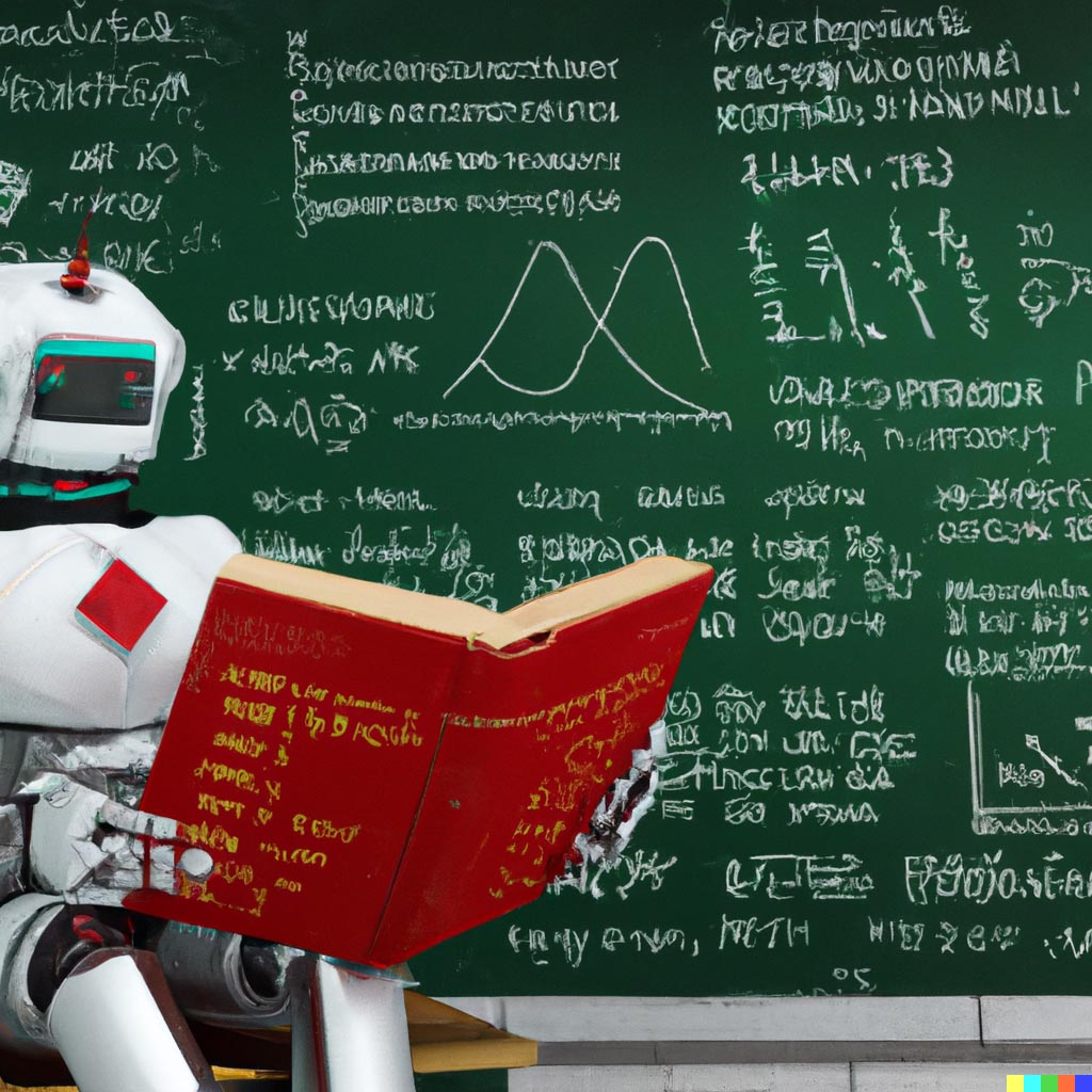 DALL·E prompt: A wide shot of a robot child reading an encyclopedia in front of a blackboard filled with math equations